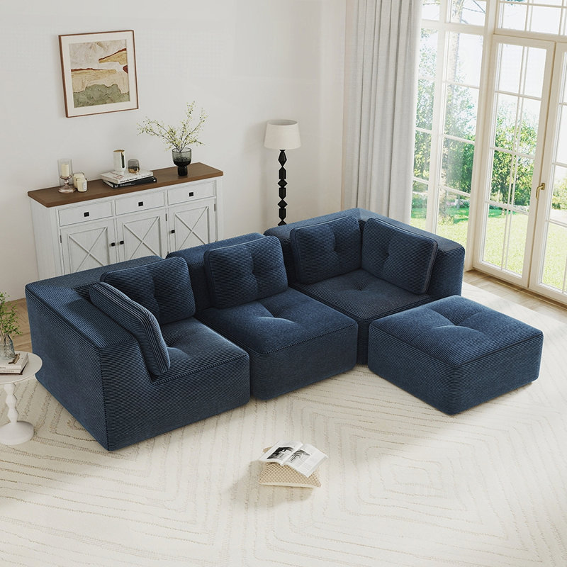 Canapé modulaire moderne avec tissu velours côtelé, assise profonde, repose-pieds mobile, passepoil perlé et conception capitonnée, aucun assemblage requis