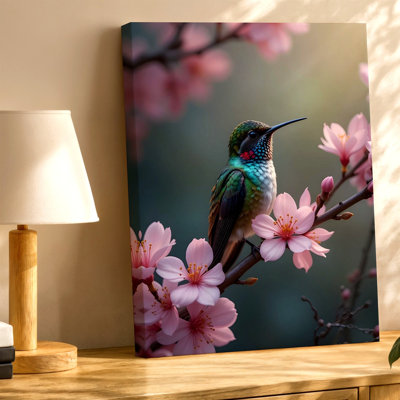 Floral Bird Hummingbird Cherry Blossom Branch Nature Canvas Wall Art Print, Decorative Artwork For Home Office Bedroom Living Room Hallway Gallery Decor, Cozy Home Accent
