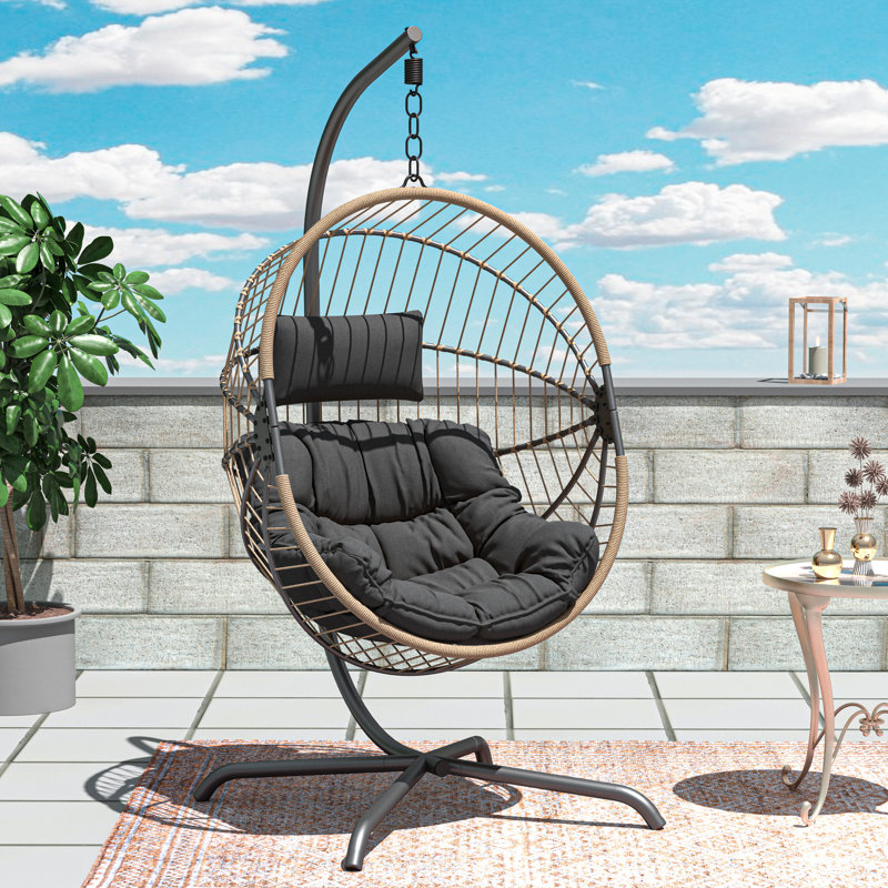 Fauteuil de balançoire surdimensionné avec support, chaise hamac pliable avec structure en acier neutre, Naturel/noir