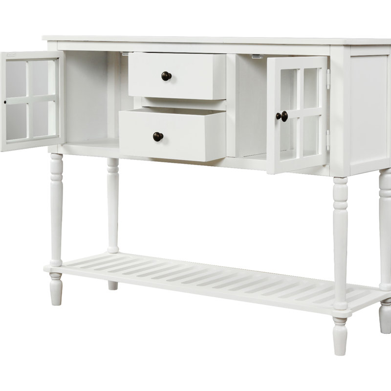 Buffet console pour le salon en blanc, armoire de rangement de style - 2 tiroirs, armoires vitrées, pieds en bois massif, buffet blanc d'aspect chic avec tablette inférieure, conception spacieuse, deux