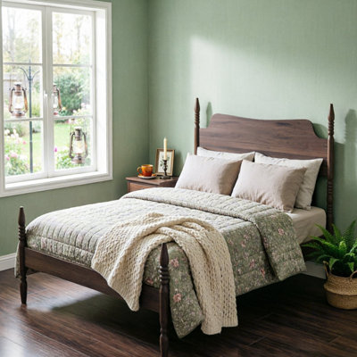 Platform Bed Frame, Spindle Bed with Curved Tall Headboard, No Box Spring Needed, Retro Four Poster Bed