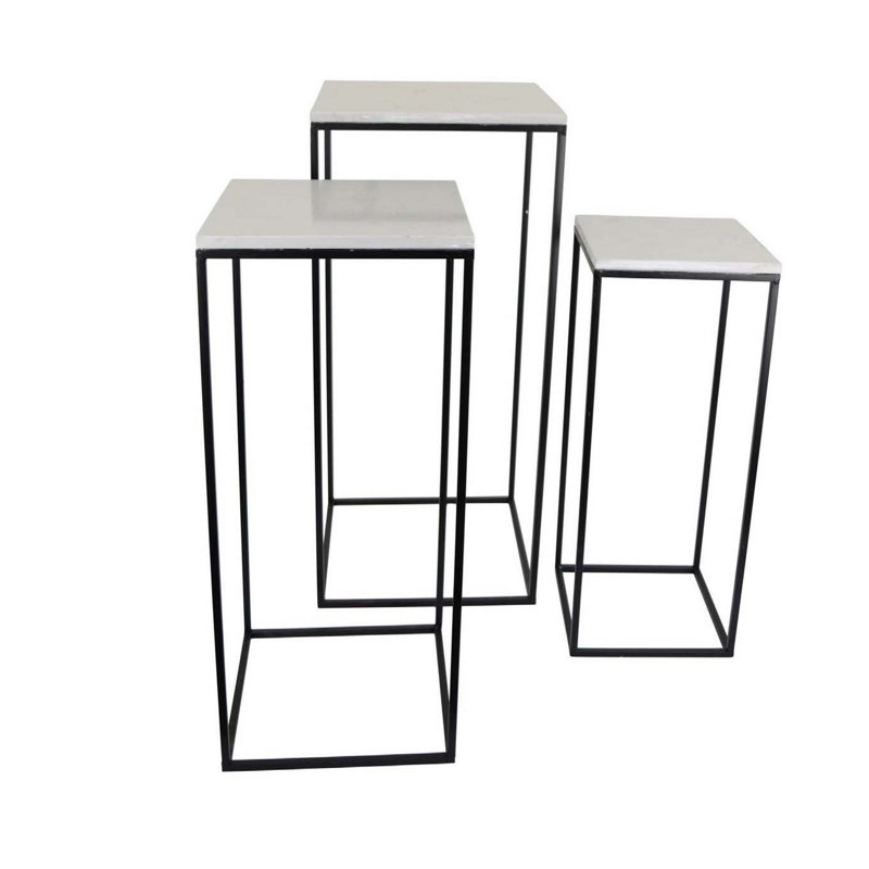 Ensemble de 3 tables à plantes en métal noir, plateau carré en marbre blanc
