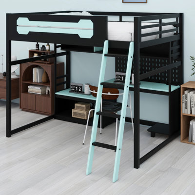 Lit mezzanine en bois avec bureau, tablettes, lumières DEL, ports USB et panneau perforé