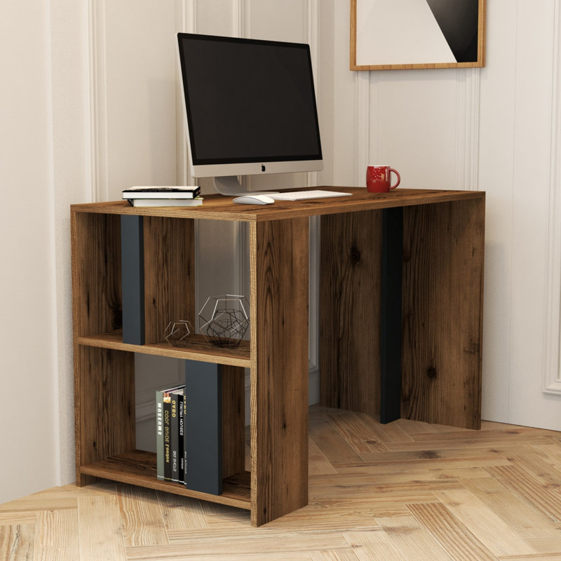 Bureau d'étude moderne avec possibilité de fixation murale, noyer et anthracite | Panneau de particules 100% enduit de mélamine, 47,2 po x 29,7 po x 23,6 po | Tablettes multiples, design industriel, durable et élégant pour le bureau à domicile