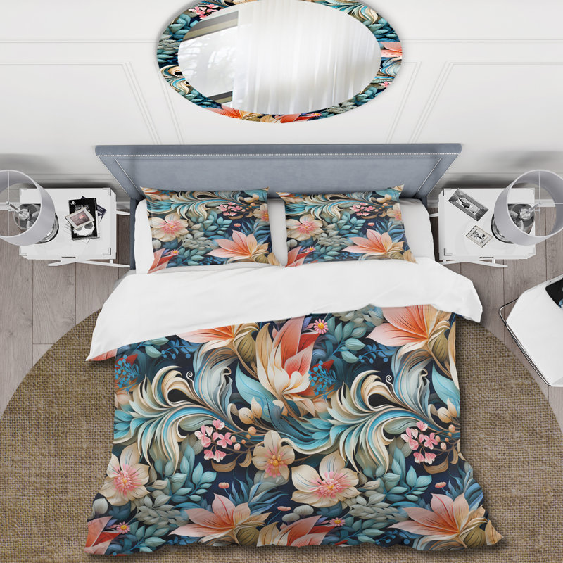 Ensemble de housse de couette motif floral à motif cachemire bleu et rose II