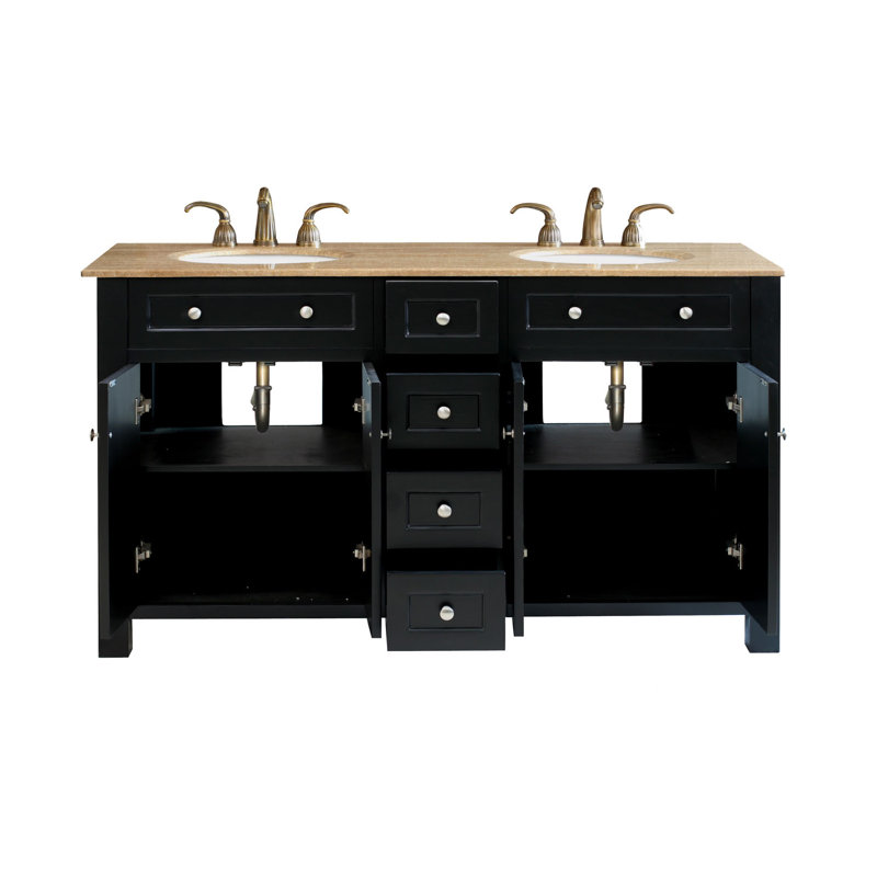 62'' Double Bathroom Vanity with Travertine Top, Ebony