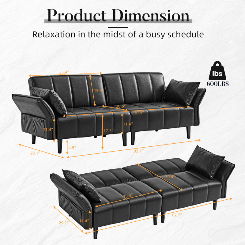 Canapé-lit 82,7 po en similicuir convertible, canapé-lit futon en cuir de style Mid-Century avec dossier réglable, accoudoirs et pochette de rangement