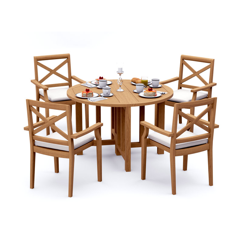 3 Pcs Grade-A Teak Wood Dining Set: 48" Round Butterfly Table  Damarrea Stacking Arm Chairs #11GR0902, 4