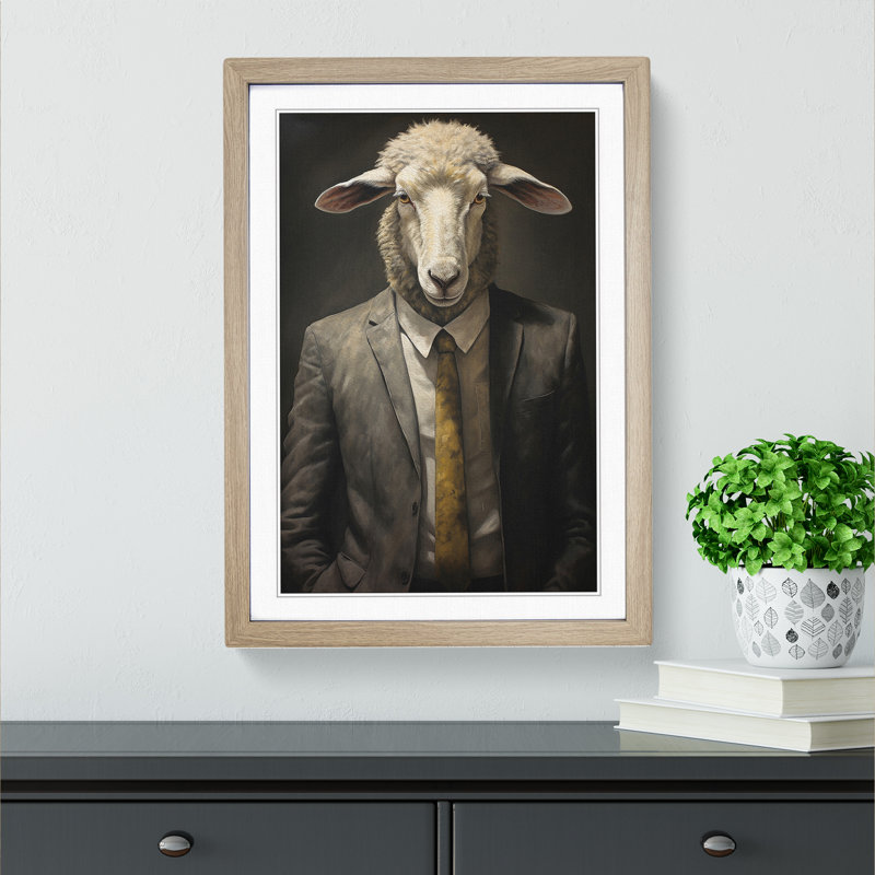 Sheep In A Suit Painting No.4 - Single Picture Frame Print on Wood, Oak Framed, 46cm H x 34cm W