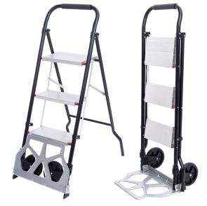 Chariot de manutention convertible 2 en 1 avec échelle pliante intégrée – Chariot roulant robuste en acier au carbone à pliage rapide pour entrepôt, garage et déménagement