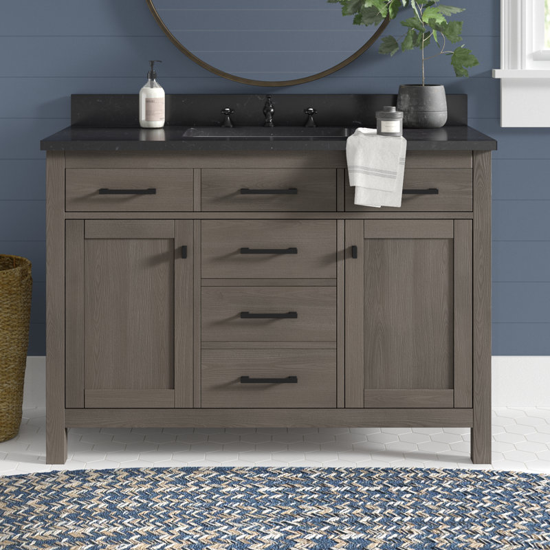 Meuble-lavabo simple 48 po Ajiya, Gris texturé / noir mat, Calcaire bleu