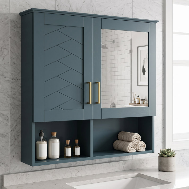 Armoire à pharmacie murale 30 po 2 en 1 en panneau de fibres à densité moyenne bleu et bois massif, miroir, tablettes réglables, porte à fermeture douce