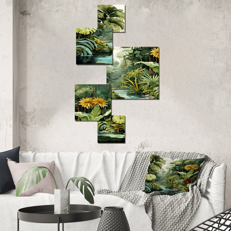 «Rainforest Jungle Plants Landscape 2 - Jungle Square», ensemble d'art mural de 5