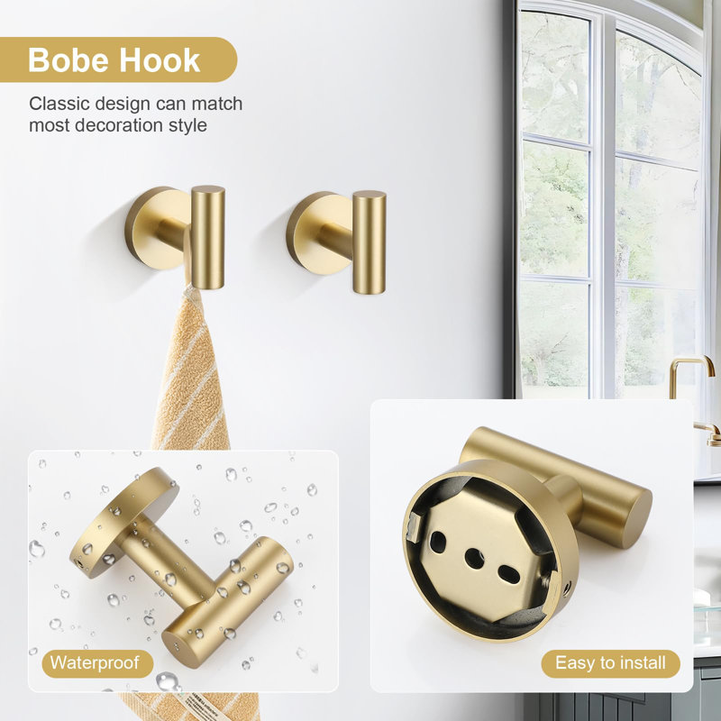 Brushed Gold Bathroom Hardware Set 6-Piece Bathroom Accessory Set 23.6 Inch Round Stainless Steel Towel Bar Set Wall Mounted