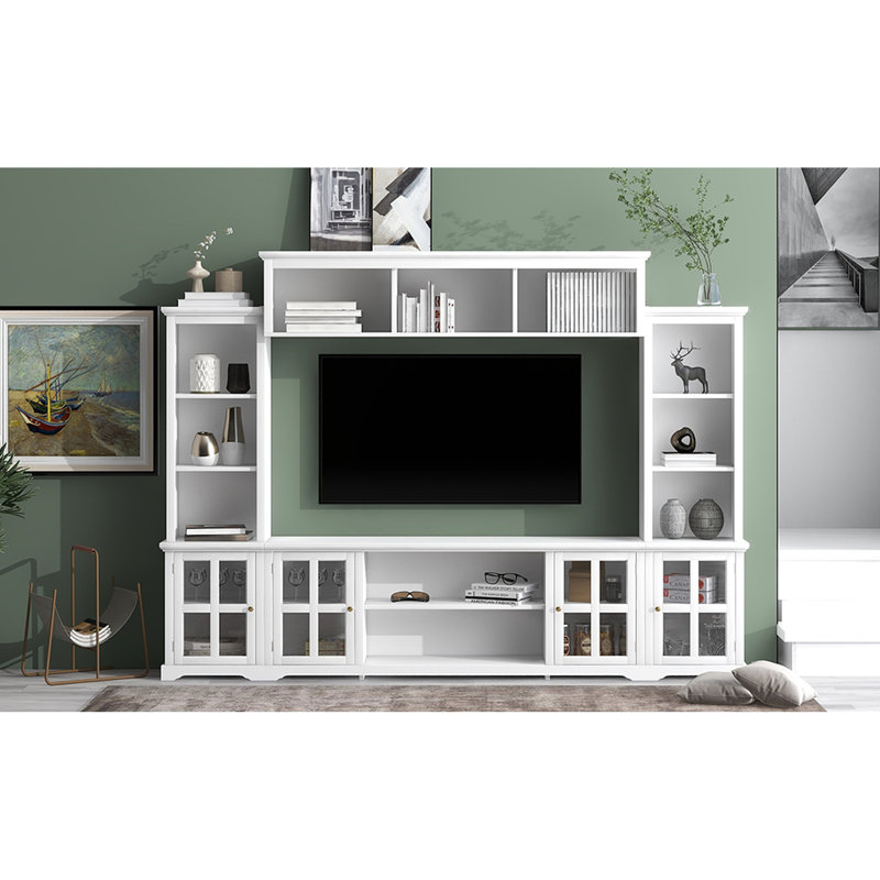 Meuble télé moderne avec une finition blanche, une porte en verre trempé pour téléviseurs de 70 po, une console et de nombreuses tablettes de rangement