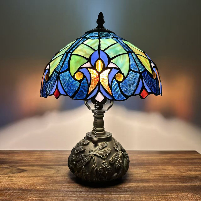 Simonetti Tiffany Table Stained Glass Liaison Lamp LED Bulb Included Dragonfly Base 10"W*10"D*14"H, Yellow/Green/Dark Blue