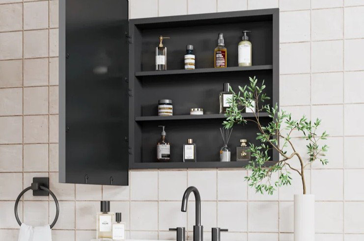 black recessed medicine cabinet on an ivory tiled bathroom wall