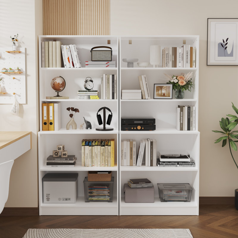White 71" Tall 5-Tier Wood Bookshelf with Doors