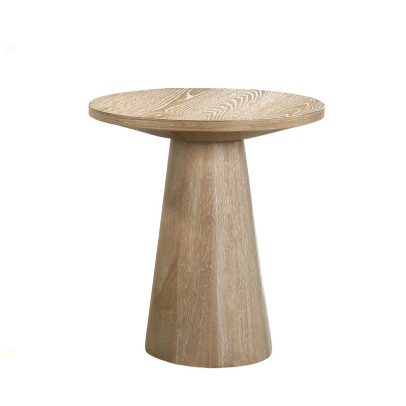 Table de bout ronde à piédestal unique avec structure en bois d'hévéa et finition chêne