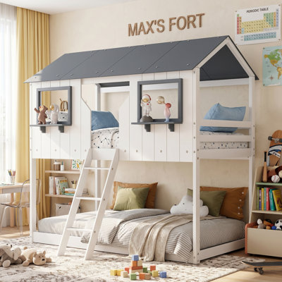 Wooden Twin Over Twin Playhouse Bunk Bed With Roof, Window & Guardrail