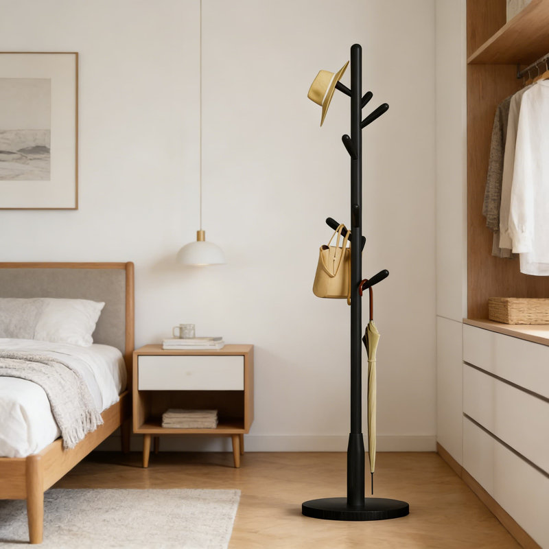 Solid Wood Coat Rack With 8 Hooks And Round Base, Free Standing Hall Tree For Coats, Hats, Bags, Entryway And Hallway Organization