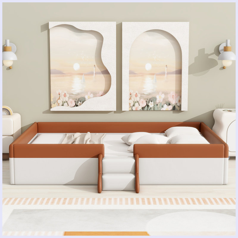 Floor Upholstered Kids Bed With Stairs, Brown/White, Queen