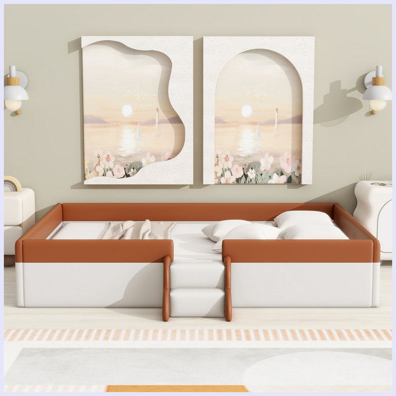 Floor Upholstered Kids Bed With Stairs, Queen, Brown/White