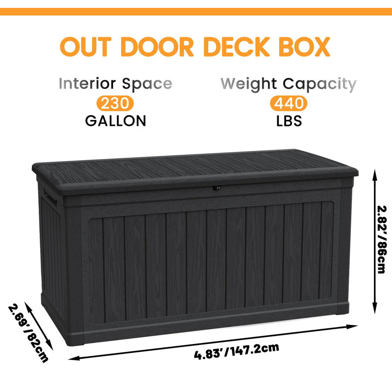230 Gallon Large Outdoor Storage XXL Deck Box For Patio Furniture, Outdoor Cushions, Garden Tools And Sports/Pools Equipment, Waterproof Resin, Lockable, Black