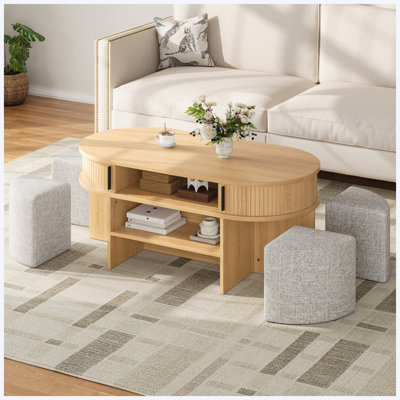 Table basse multifonctionnelle ovale avec rangement caché et 4 tabourets gigognes en tissu, ensemble de salon peu encombrant U-Can