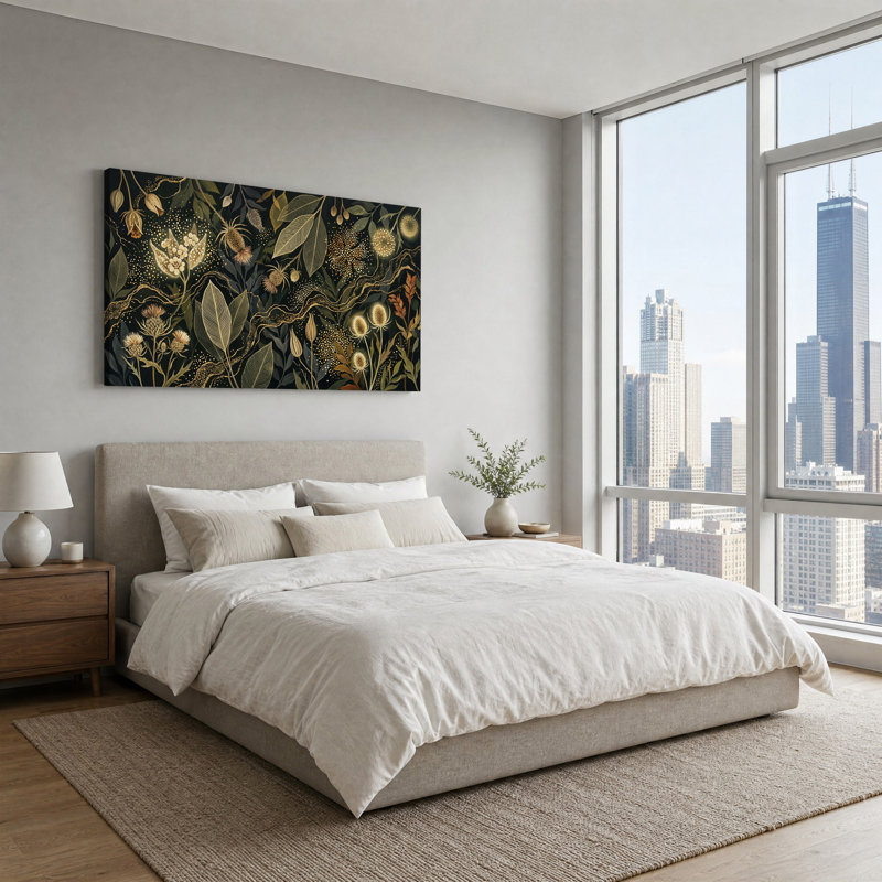 Art sur toile, feuilles dorées et fleurs sur fond foncé, L 32 po x H 16 po