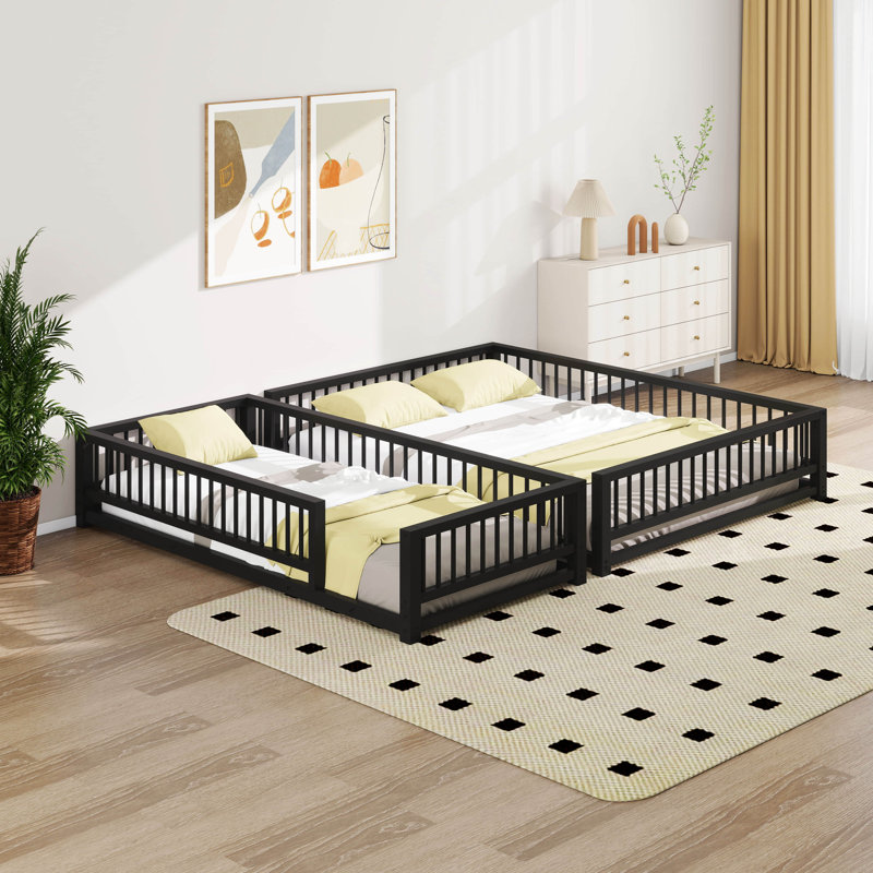 Twin XL Over Queen Floor Bunk Bed, Metal Bunk Bed Frame With Ladder & Guardrails For Bedroom, Guest Room, Black