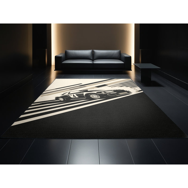 Machine Washable Rayan Rally Car Drift Modern & Contemporary Striped Rug in Gray – Black Binding, 2x3