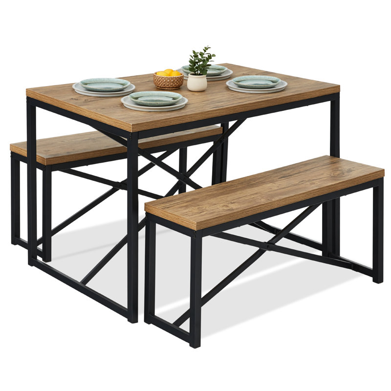 Armone Gracie Oaks 45.5in 3-Piece Bench Style Dining Furniture Set, 4-Person Dinette w/ 2 Benches, Table, Light Brown/Black