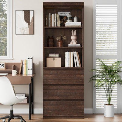 Industrial Tall Bookcase with Doors & Drawers, 5-Tier Wooden Bookshelf, Metal Frame Storage Rack