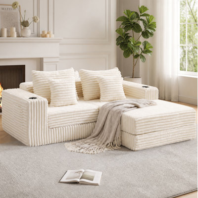 80" Cloud Modular Sectional Sofa, Corduroy Sofa Bed with Deep Seat, Reversible Chaise, Cup Holders & Side Pockets, No Assembly Couch, White