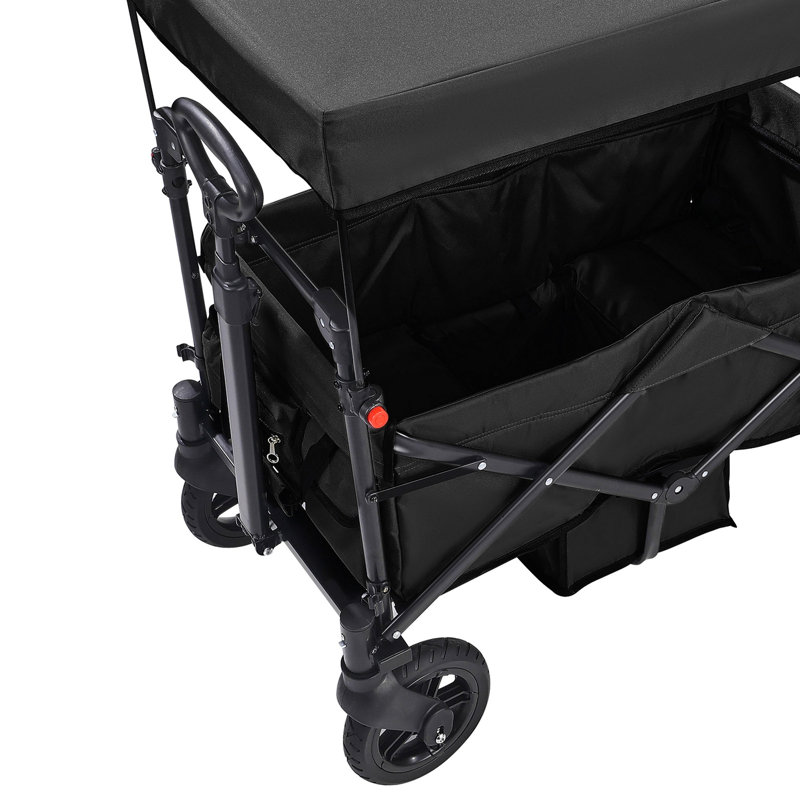 Poussette Wagon pour 2 enfants, poussette pliable à tirer avec poignée réglable, auvent amovible pour harnais, 4 roues avec freins, poussette tandem multifonctionnelle pour le camping - noir
