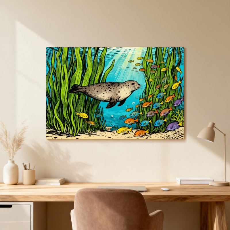 Animal Seal Swimming Among Seaweed And Fish, 16" H x 24" W, Wrapped Canvas, Does Not Apply