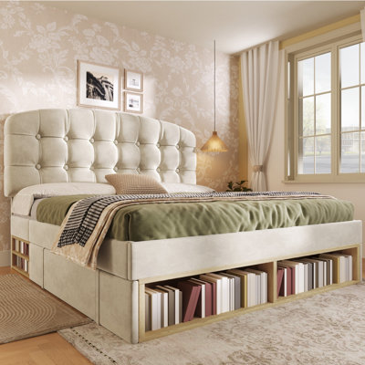 Estella Beige Velvet Upholstered 5Ft King Bed With Storage Compartments And Drawers With Adjustable Headboard,150 X 200 Cm (No Mattress)