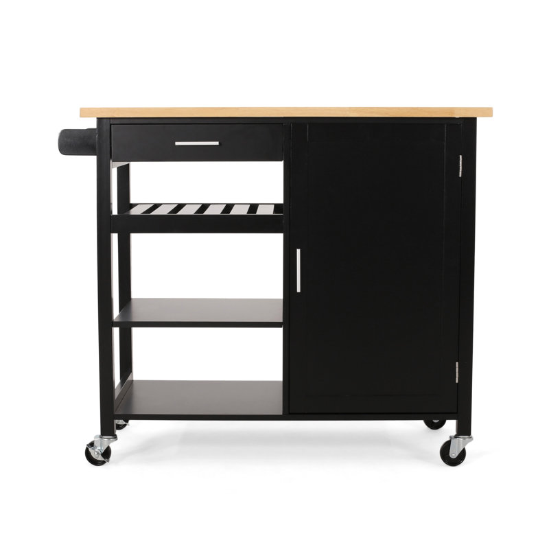 Modern Kitchen Cart with 1 Drawer, 3 Open Shelves, 1 Cabinet with 2 Shelves and a Towel Holder, Black