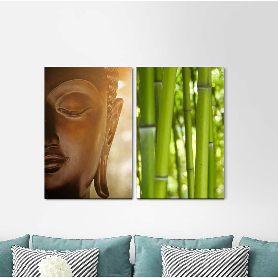 2-tlg. Leinwandbilder-Set - Fotografie "Buddha-Kopf-Mönch-Meditation-Achtsamkeit-Stille-Harmonie"