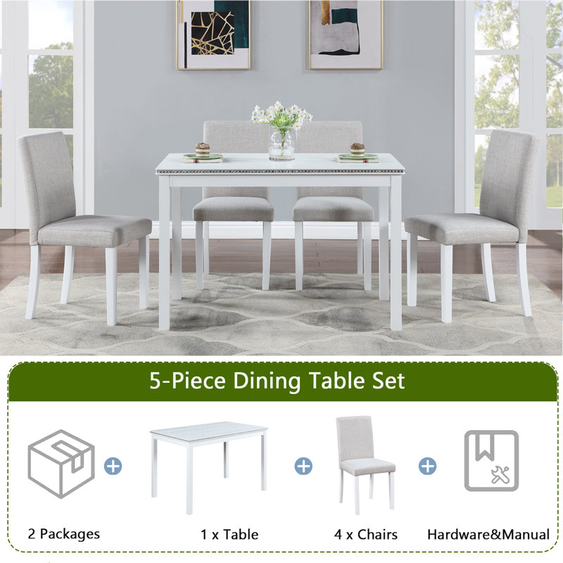 Ensemble de table de salle à manger 5 pièces en bois, ensemble de table de cuisine avec une table rectangulaire et 4 chaises rembourrées, ensemble de table de salle à manger en bois avec décoration en cristal