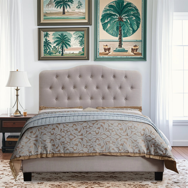 Upholstered Button-tufted Platform Bed Frame with Adjustable Height Headboard, Full / Double, Beige