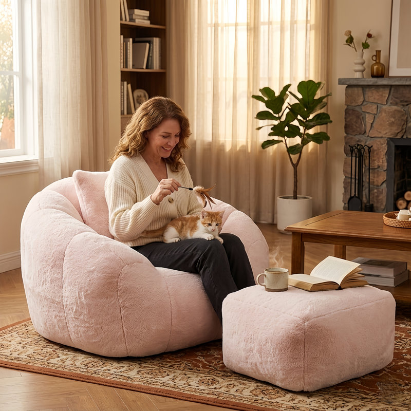 Fauteuil à billes à motif floral avec repose-pieds, Beige