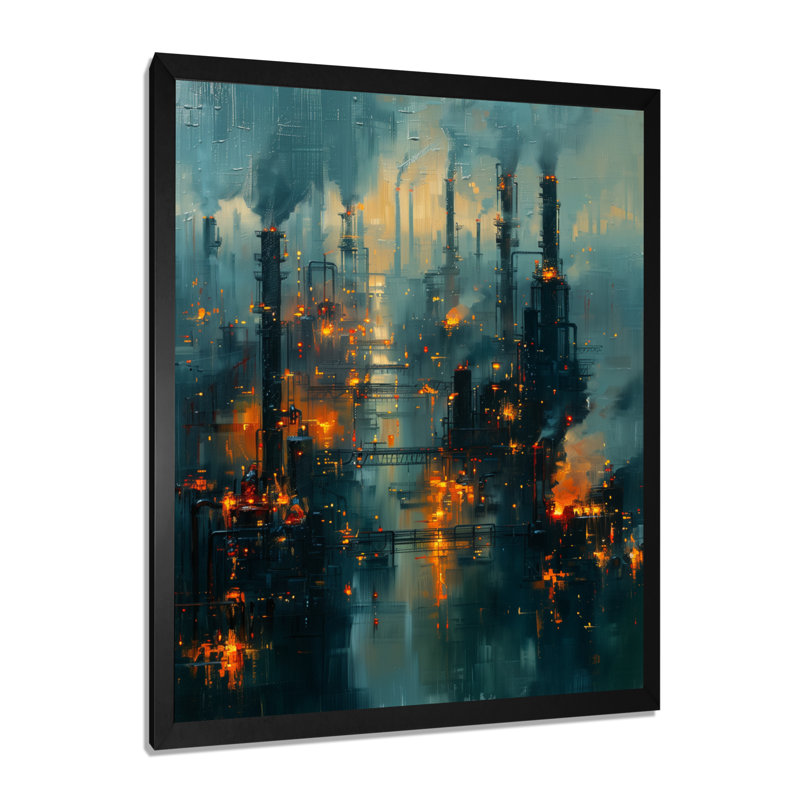 Bleu, bleu, usines, paysage industriel II, usines, art mural, salon, Toile encadrée noire simple