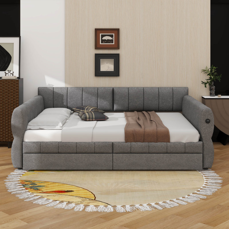 Queen-Sized Upholstered Platform Bed Equipped With USB Ports And Drawers, Gray