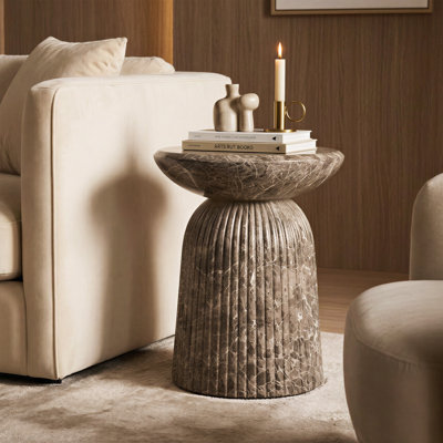 Tithi Stylish Decorative End Table with Emperador Marble Effect Stone Elegant Interiors for Indoor and Outdoor Spaces