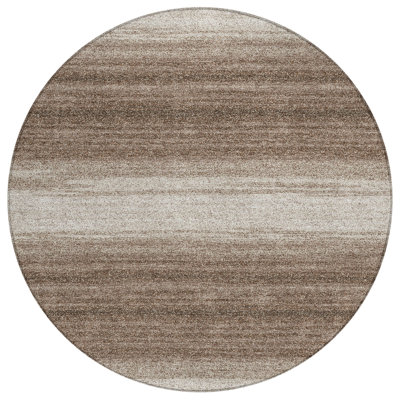 8' Brown And Beige Round Striped Washable Indoor Outdoor Area Rug