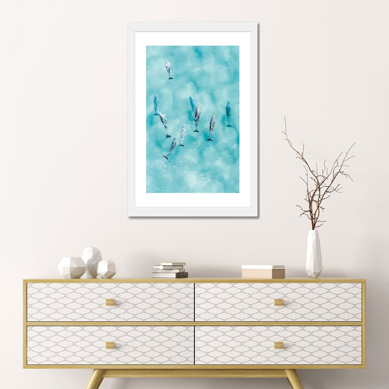Reproduction d’art, "Cruisy Dolphins III" par Jaxon Roberts, H 24 po x l 16 po x P 1 po, Papier encadré blanc, Blanc