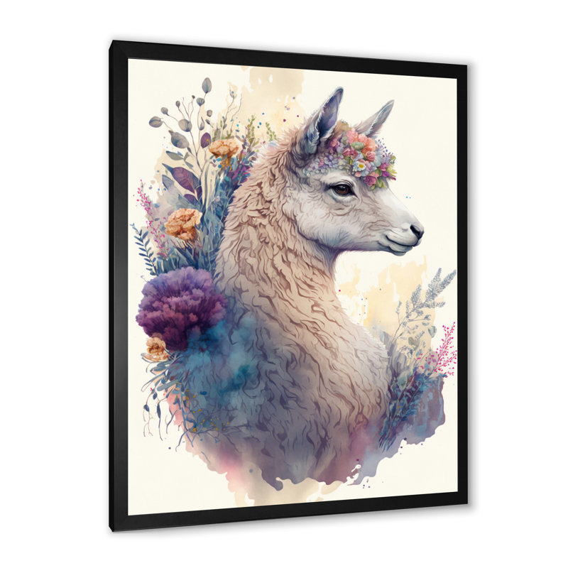 «Cute Llama Floral III», impression sur toile, Cadre photo noir, H 32 po x l 24 po x P 1 po