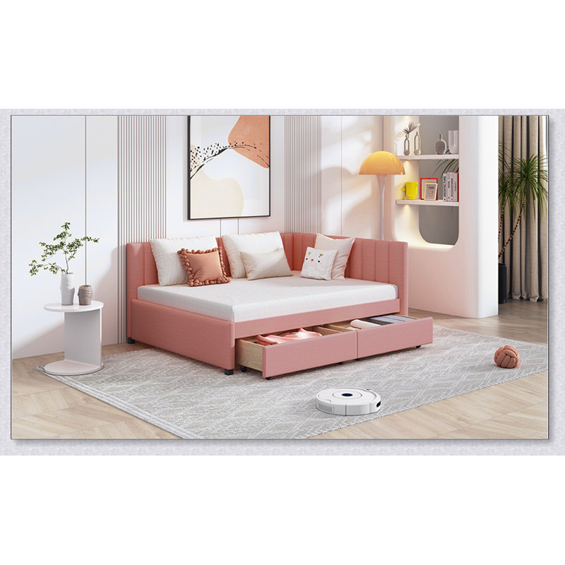 Full Upholstered Daybed With 2 Storage Drawers Sofa Bed Frame, Pink